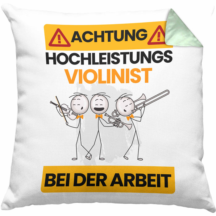Violinist Kissen mit Füllung 40x40 Geschenk Lustiger Spruch Geschenkidee für Violinist Achtung Hochleistungs Violinist Bei Der Arbeit (Grau) Grün Trendation