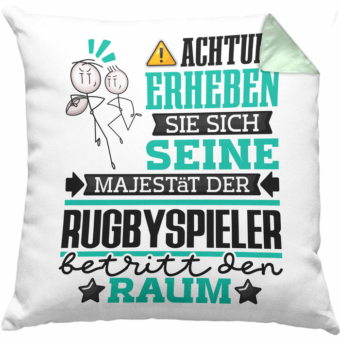Rugbyspieler Geschenk Kissen mit Füllung 40x40 Lustiger Spruch Erheben Sie Sich Der Rugbyspieler Betritt den Raum (Grau) Grün Trendation