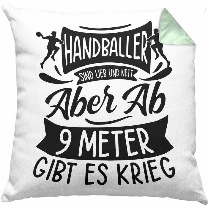 Handball Geschenk Kissen mit Füllung 40x40 Geschenkidee Handball-Spieler Handballspielerin Mädchen Jungs Ab 9 Meter Gibt Es Krieg (Grau) Grün Trendation