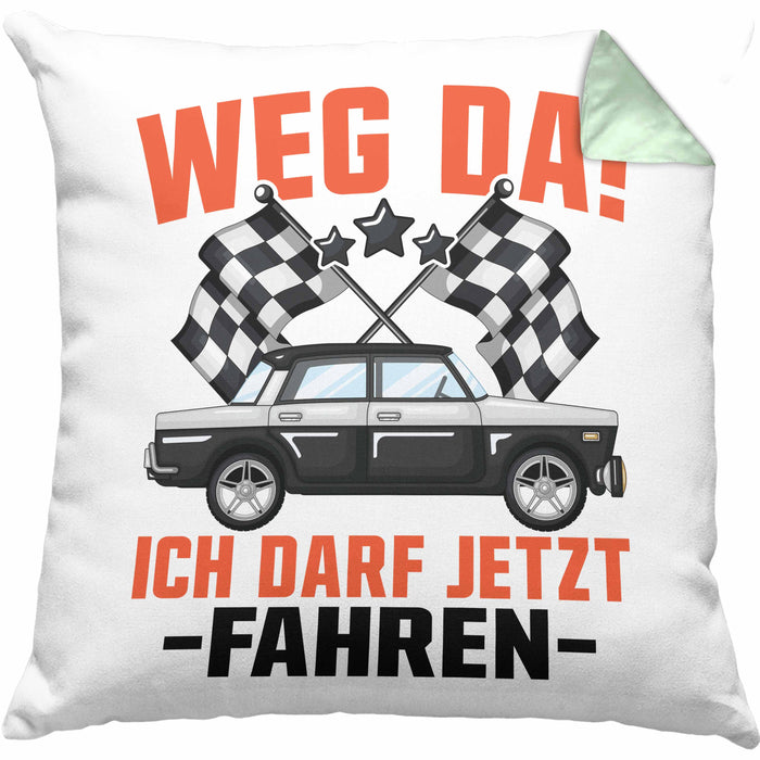 Führerschein Bestanden Geschenk Kissen mit Füllung 40x40 Bestandener Führerschein Weg Da Ich Darf Jetzt Fahren Fahrschule (Grau) Grün Trendation