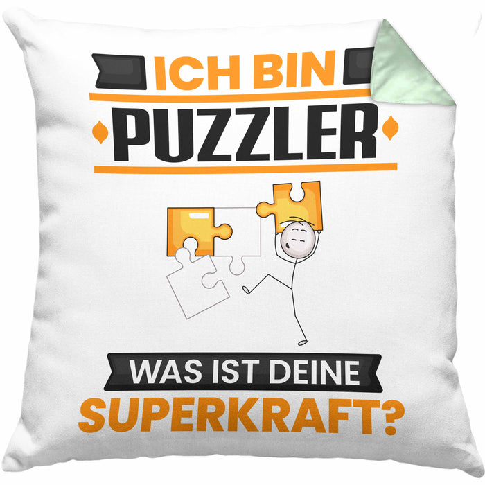 Puzzler Kissen mit Füllung 40x40 Geschenk für Puzzler Geburtstag Lustiger Spruch Was Ist Deine Superkraft (Grau) Grün Trendation