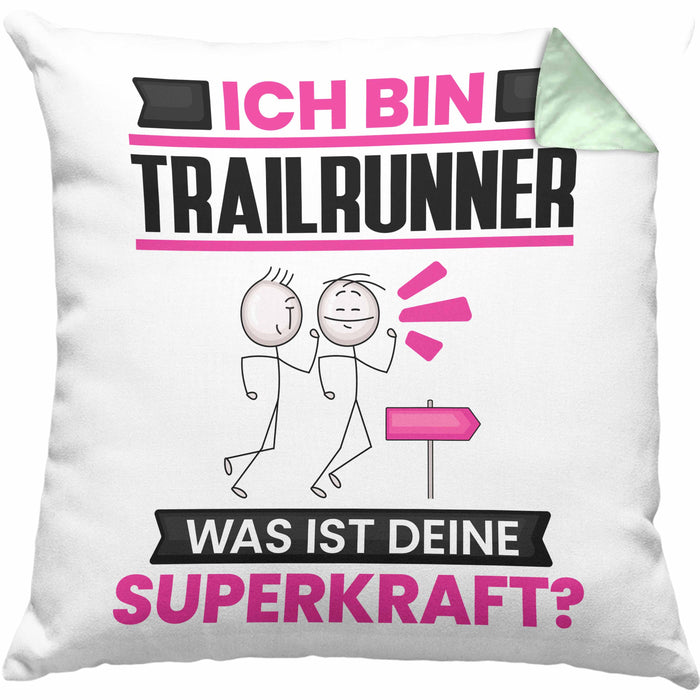 Trailrunner Kissen mit Füllung 40x40 Geschenk für Trailrunner Geburtstag Lustiger Spruch Was Ist Deine Superkraft (Grau) Grün Trendation