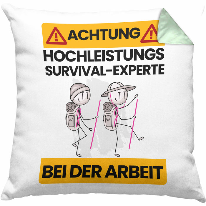 Survival-Experte Kissen mit Füllung 40x40 Geschenk Lustiger Spruch Geschenkidee für Survival-Experte Achtung Hochleistungs Survival-Experte Bei Der Arbeit (Grau) Grün Trendation