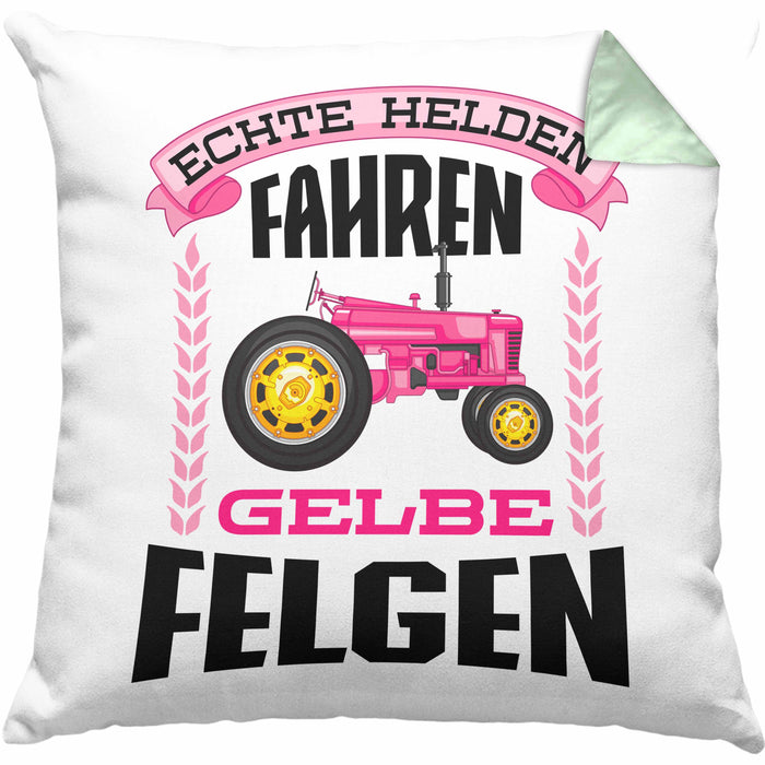 Landwirtin Spruch Frau Geschenk Kissen mit Füllung 40x40 Landwirtschaft Geschenke für Männer Traktor Spruch Echte Felgen (Grau) Grün Trendation