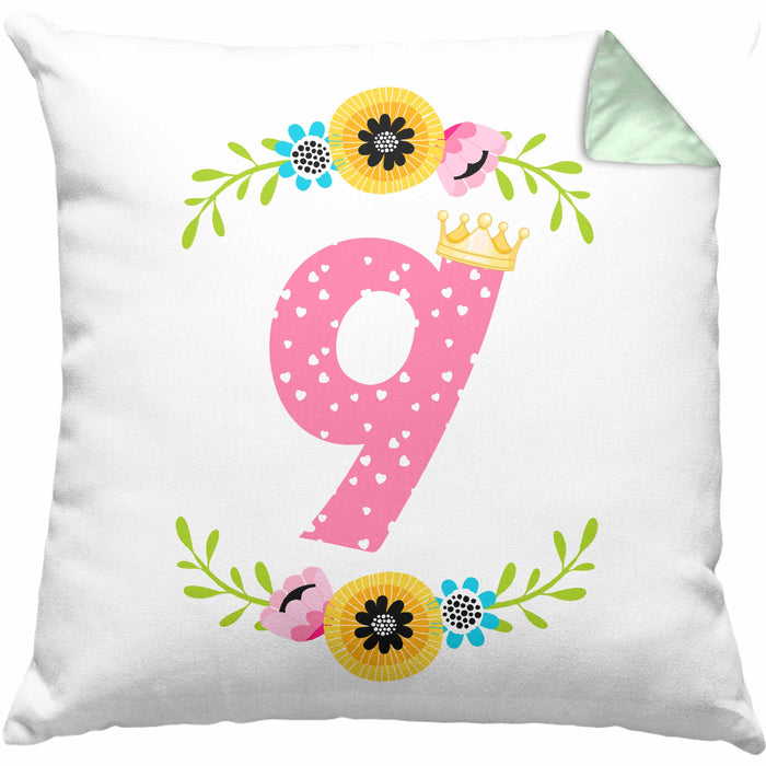 9. Geburtstag Mädchen Kissen mit Füllung 40x40 Geschenk zum Neunten Geburtsagsparty Grafik Krone 9 Jahre Alt (Grau) Grün Trendation