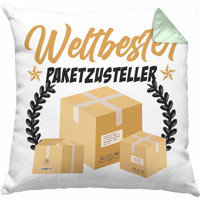 Paketzusteller Geschenk Kissen mit Füllung 40x40 Spruch Weltbester Paketzusteller Postbote (Grau) Grün Trendation