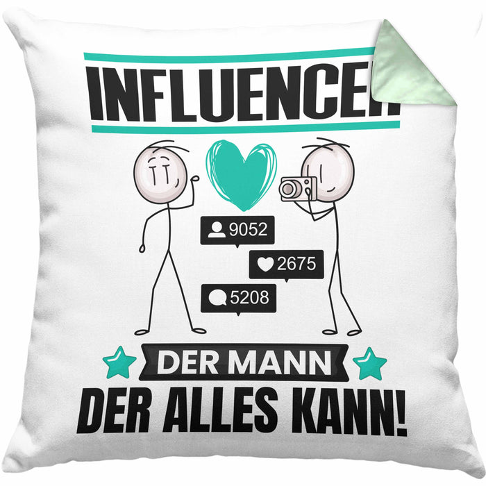 Influencer Kissen mit Füllung 40x40 Geschenk für Influencer Der Mann Der Alles Kann Geschenkidee zum Geburtstag (Grau) Grün Trendation