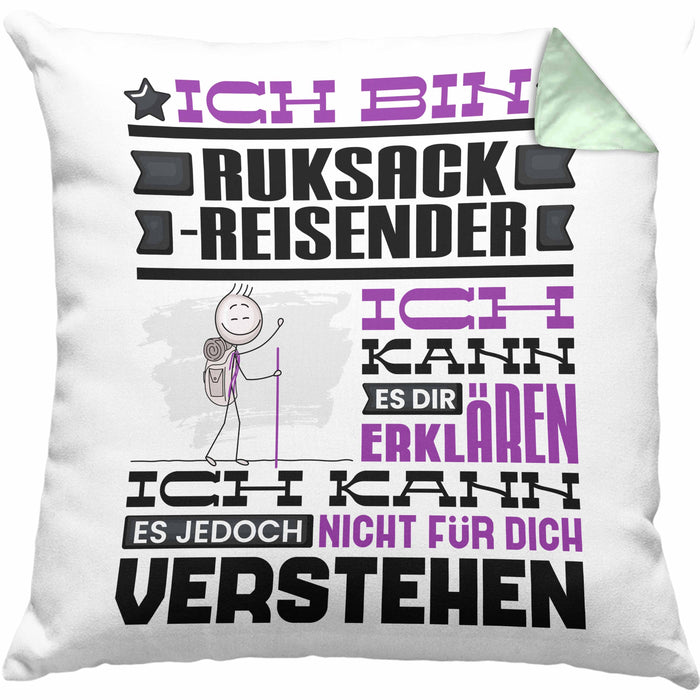 Rucksackreisender Geschenk Kaffee-Kissen mit Füllung 40x40 Geschenkidee für Rucksackreisender Ich Bin Rucksackreisender Ich Kann Es Dir Erklären Jedoch Nicht Für Dich Verstehen Spruch Lustig (Grau) Grün Trendation