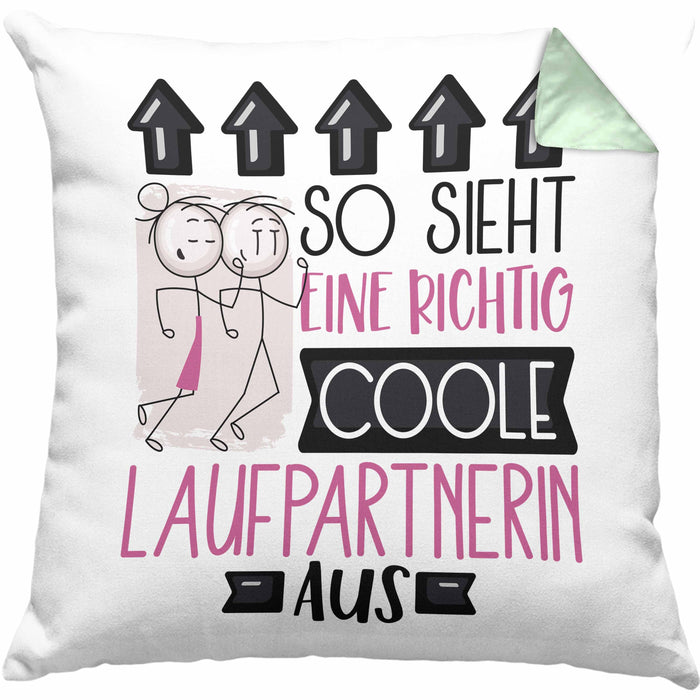 Laufpartnerin Geschenk Kissen mit Füllung 40x40 Lustig Geschenkidee für Laufpartnerin Geburtstag So Sieht Eine Richtig Coole Laufpartnerin Aus Frauen Spruch (Grau) Grün Trendation