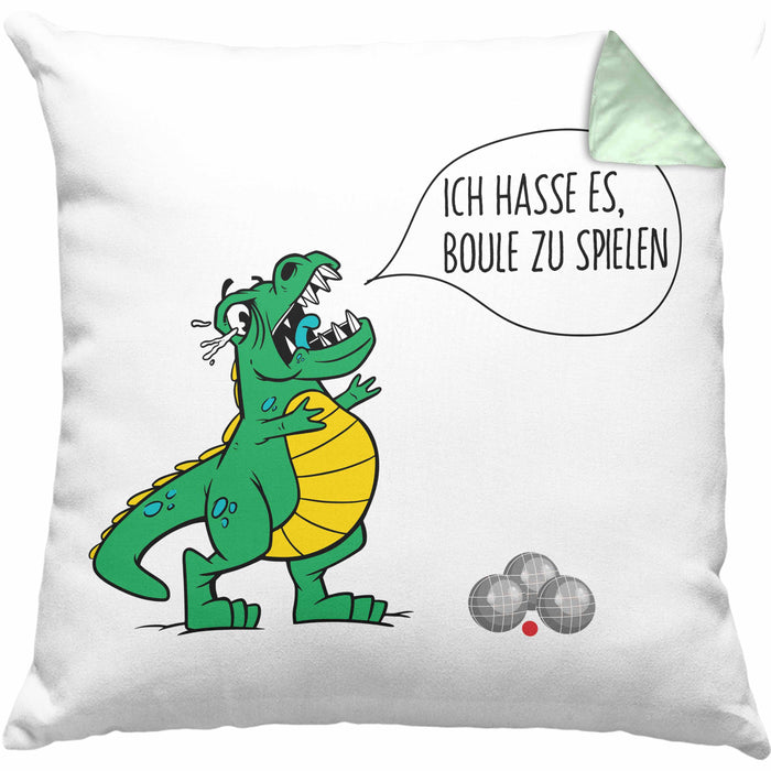 Boule Kissen mit Füllung 40x40 Geschenk Boule-Spieler Geschenkidee Spruch T-Rex Dino Ich Hasse Boule Spielen (Grau) Grün Trendation