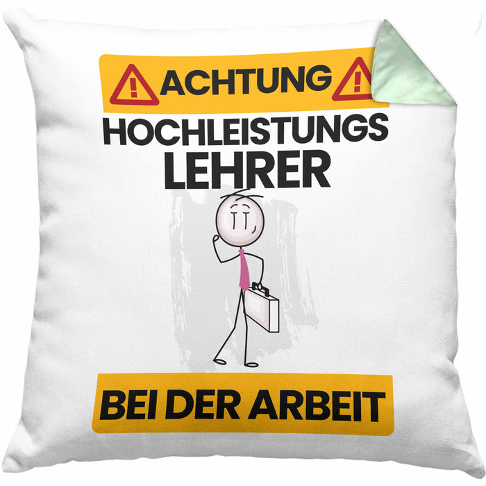 Lehrer Kissen mit Füllung 40x40 Geschenk Lustiger Spruch Geschenkidee für Lehrer Achtung Hochleistungs Lehrer Bei Der Arbeit (Grau) Grün Trendation
