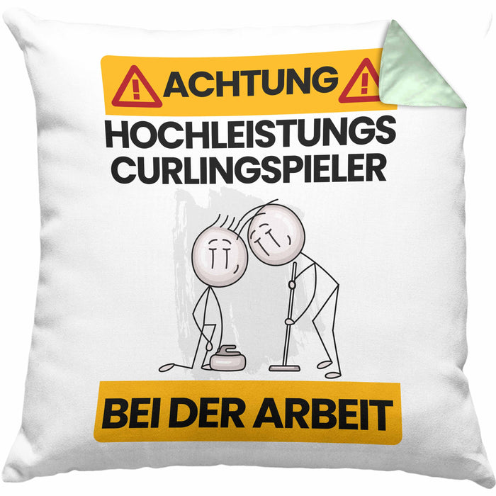 Curlingspieler Kissen mit Füllung 40x40 Geschenk Lustiger Spruch Geschenkidee für Curlingspieler Achtung Hochleistungs Curlingspieler Bei Der Arbeit (Grau) Grün Trendation