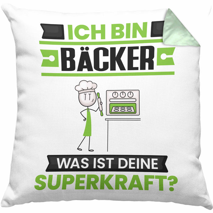 Bäcker Kissen mit Füllung 40x40 Geschenk für Bäcker Geburtstag Lustiger Spruch Was Ist Deine Superkraft (Grau) Grün Trendation