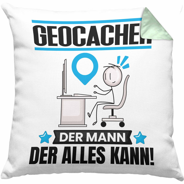 Geocacher Kissen mit Füllung 40x40 Geschenk für Geocacher Der Mann Der Alles Kann Geschenkidee zum Geburtstag (Grau) Grün Trendation