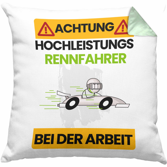 Rennfahrer Kissen mit Füllung 40x40 Geschenk Lustiger Spruch Geschenkidee für Rennfahrer Achtung Hochleistungs Rennfahrer Bei Der Arbeit (Grau) Grün Trendation
