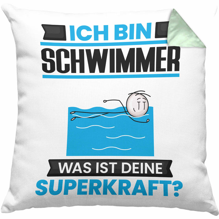 Schwimmer Kissen mit Füllung 40x40 Geschenk für Schwimmer Geburtstag Lustiger Spruch Was Ist Deine Superkraft (Grau) Grün Trendation