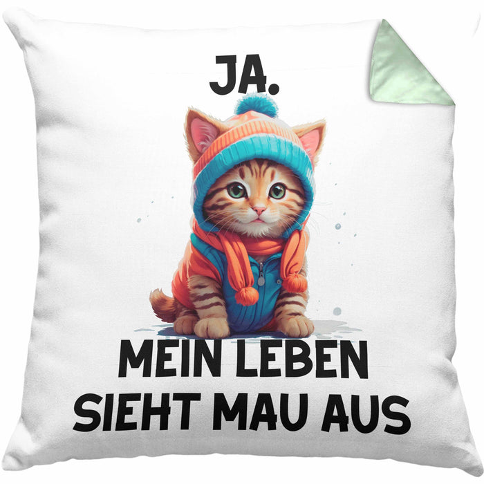 Dank Meme Kissen mit Füllung 40x40 Katzen Besitzer Wortspiel Ja Mein Leben Sieht Mau Aus Traurige Katze Geschenkidee Süße Katze (Grau) Grün Trendation