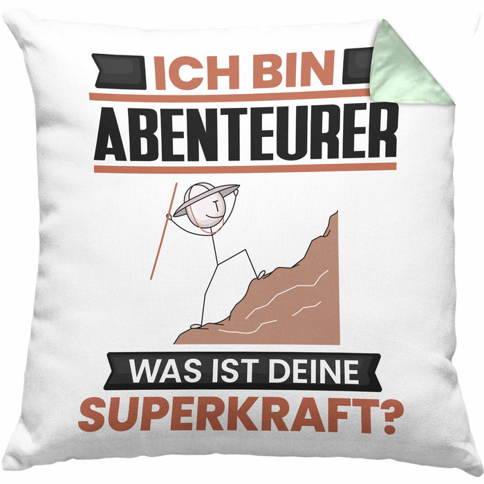 Abenteurer Kissen mit Füllung 40x40 Geschenk für Abenteurer Geburtstag Lustiger Spruch Was Ist Deine Superkraft (Grau) Grün Trendation