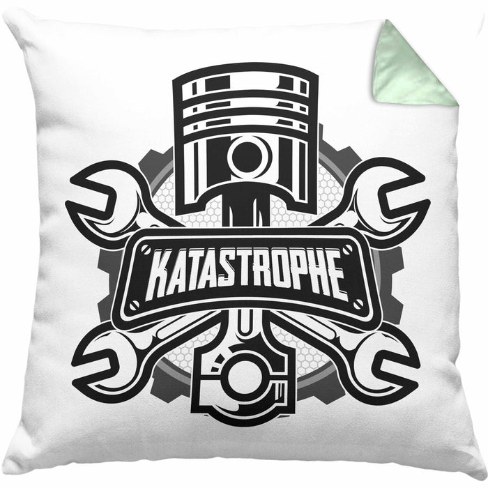 KFZ Mechaniker Kissen mit Füllung 40x40 Geschenk Spruch Männer KFZ Mechatroniker Geschenkidee Werkstatt Katastrophe (Grau) Grün Trendation