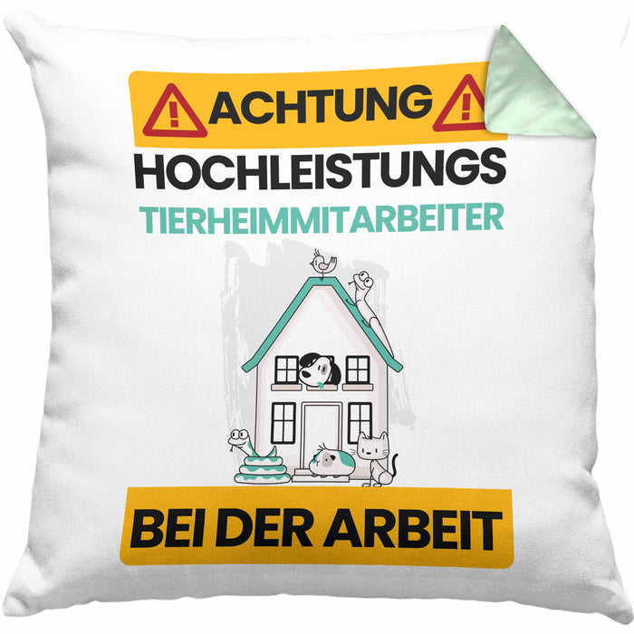 Tierheimmitarbeiter Kissen mit Füllung 40x40 Geschenk Lustiger Spruch Geschenkidee für Tierheimmitarbeiter Achtung Hochleistungs Tierheimmitarbeiter Bei Der Arbeit (Grau) Grün Trendation
