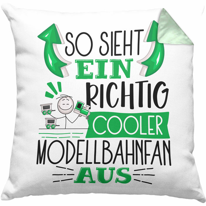 Modellbahnfan Kissen mit Füllung 40x40 So Sieht Ein Richtig Cooler Modellbahnfan Aus Geschenk Lustiger Spruch Geschenkidee (Grau) Grün Trendation