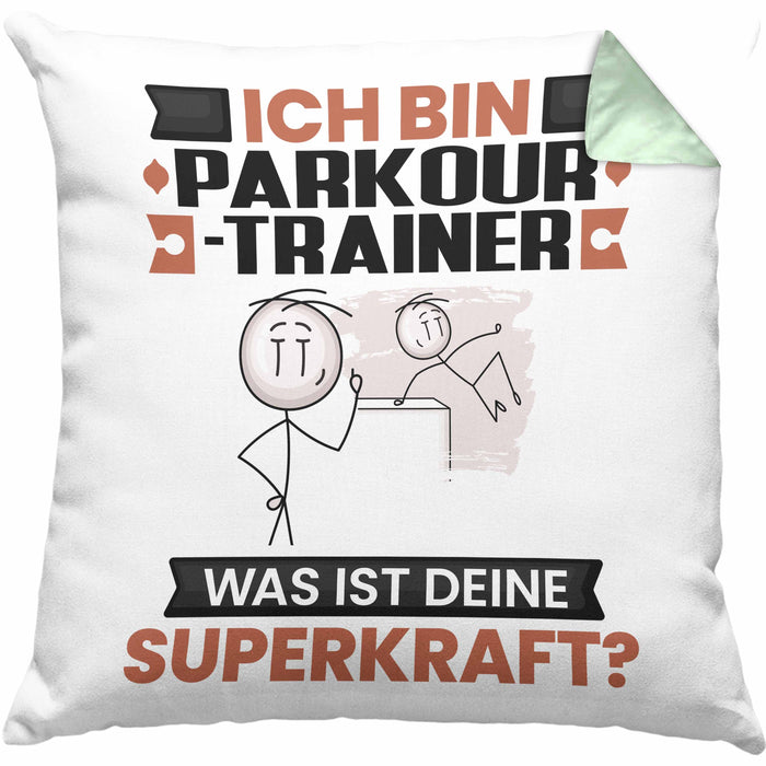 Parkour-Trainer Kissen mit Füllung 40x40 Geschenk für Parkour-Trainer Geburtstag Lustiger Spruch Was Ist Deine Superkraft (Grau) Grün Trendation