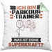 Parkour-Trainer Kissen mit Füllung 40x40 Geschenk für Parkour-Trainer Geburtstag Lustiger Spruch Was Ist Deine Superkraft (Grau) Grün Trendation