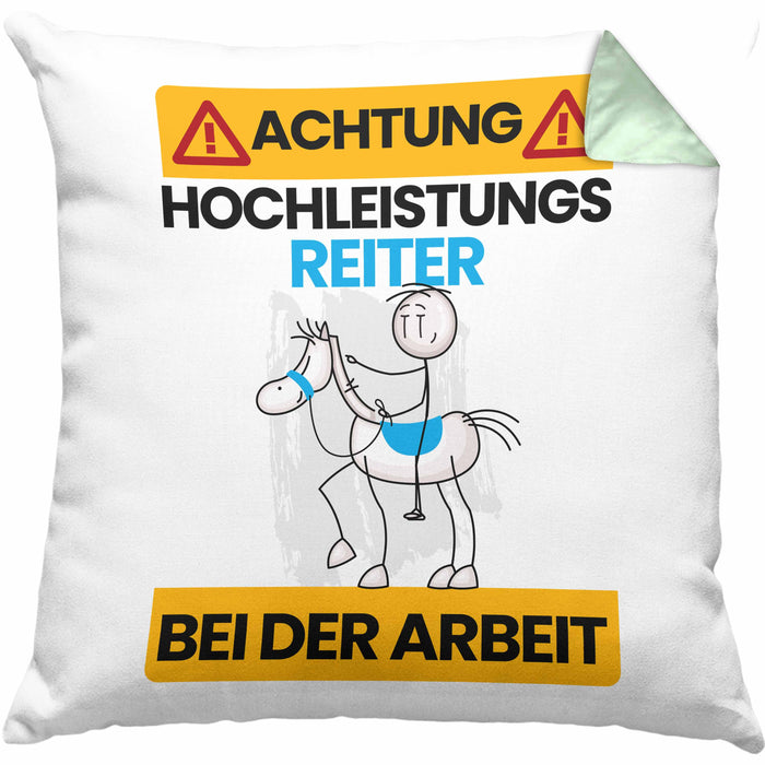 Reiter Kissen mit Füllung 40x40 Geschenk Lustiger Spruch Geschenkidee für Reiter Achtung Hochleistungs Reiter Bei Der Arbeit (Grau) Grün Trendation