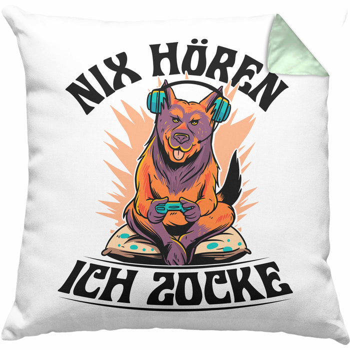 Zocker Geschenk Kissen mit Füllung 40x40 Nix Hören ich Zocke Jungs Jungen Geschenkidee zum Zocken (Grau) Grün Trendation