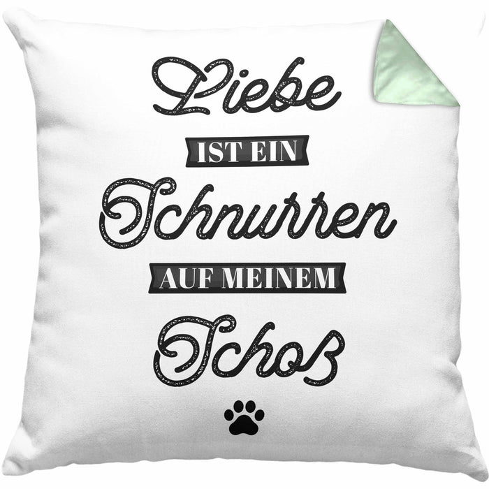 Katze Kissen mit Füllung 40x40 Geschenk Spruch Geschenkidee für Katzen-Mama Papa Katzenliebhaber Liebe Ist Ein Schnurren Auf Meinem Schoß (Grau) Grün Trendation