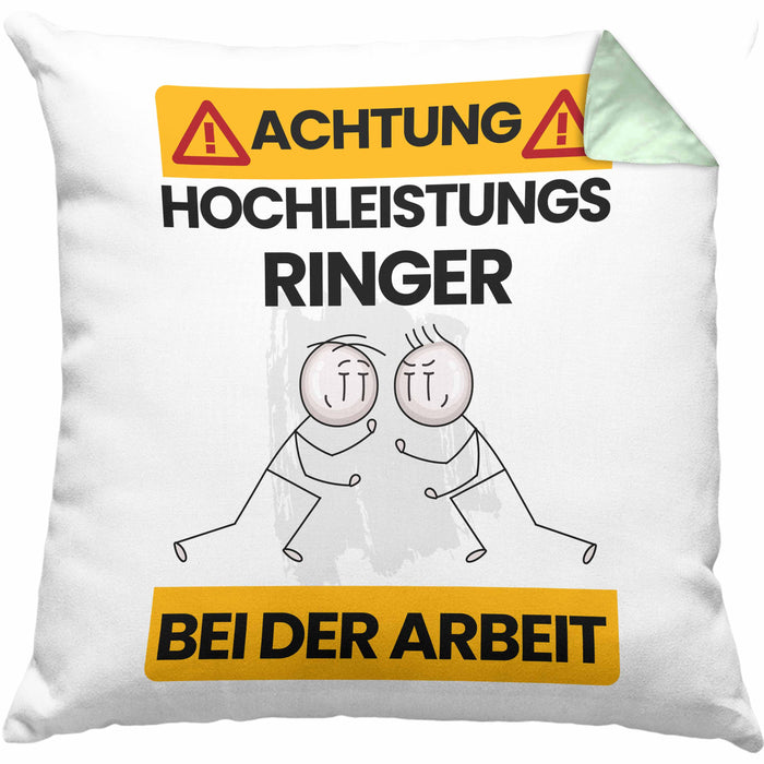 Ringer Kissen mit Füllung 40x40 Geschenk Lustiger Spruch Geschenkidee für Ringer Achtung Hochleistungs Ringer Bei Der Arbeit (Grau) Grün Trendation
