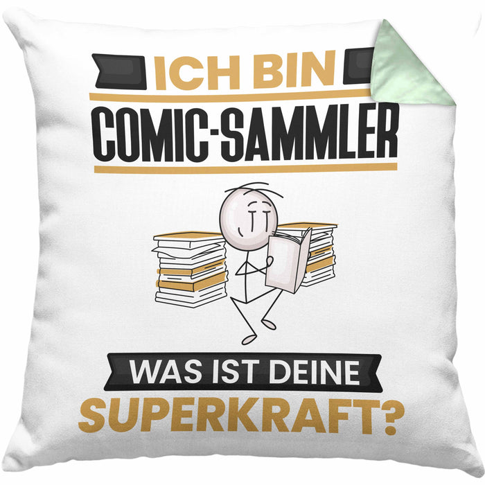 Comic-Sammler Kissen mit Füllung 40x40 Geschenk für Comic-Sammler Geburtstag Lustiger Spruch Was Ist Deine Superkraft (Grau) Grün Trendation