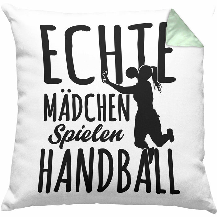 Mädchen Handball-Spielerin Kissen mit Füllung 40x40 Geschenk Spruch Echte Mädchen Spielen Handball Geschenkidee Frauen (Grau) Grün Trendation
