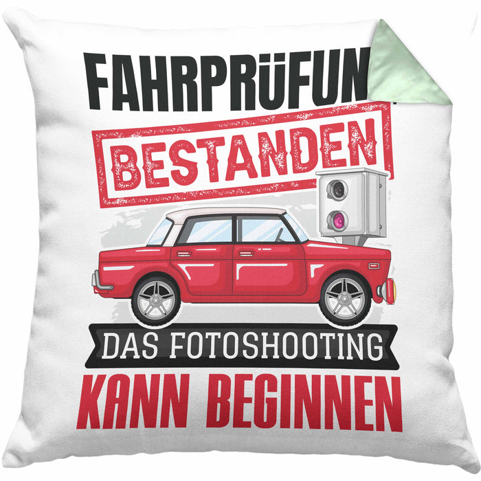Führerschein Bestanden Geschenk Kissen mit Füllung 40x40 Bestandener Führerschein Das Fotoshooting Kann Beginnen Fahrschule (Grau) Grün Trendation
