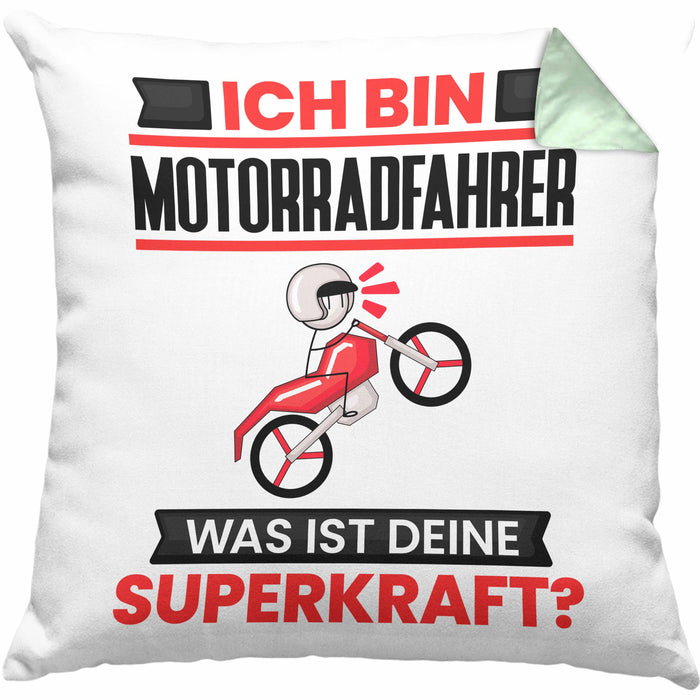 Motorradfahrer Kissen mit Füllung 40x40 Geschenk für Motorradfahrer Geburtstag Lustiger Spruch Was Ist Deine Superkraft (Grau) Grün Trendation