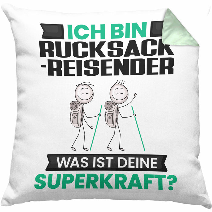 Rucksackreisender Kissen mit Füllung 40x40 Geschenk für Rucksackreisender Geburtstag Lustiger Spruch Was Ist Deine Superkraft (Grau) Grün Trendation