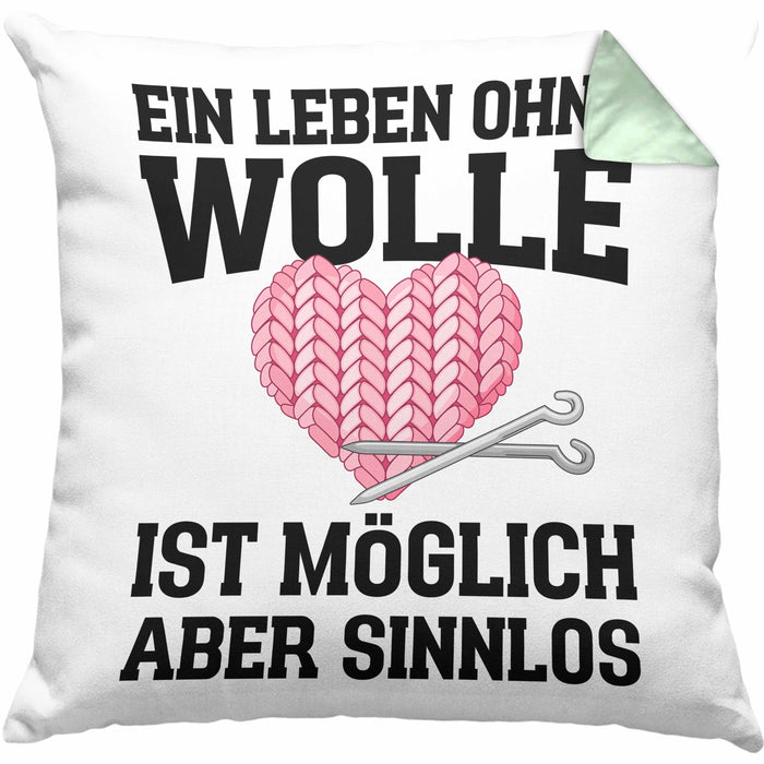 Häkeln Zubehör Kissen mit Füllung 40x40 Geschenk Stricken Geschenke Häkel Oma Mama Ein Leben Ohne Wolle (Grau) Grün Trendation