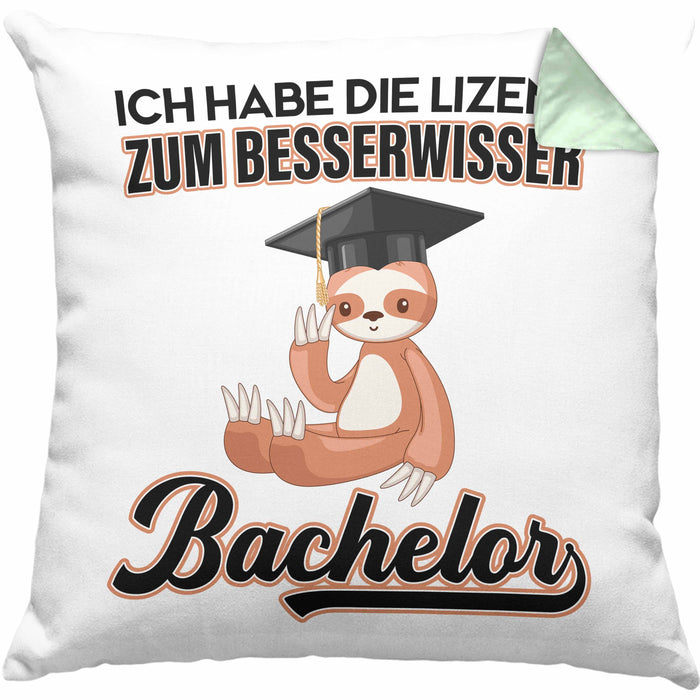 Bachelor Geschenk Abschluss Kissen mit Füllung 40x40 Spruch Master Abitur Abi Graduation Bestanden Prüfung Lizenz zum Besserwisser (Grau) Grün Trendation