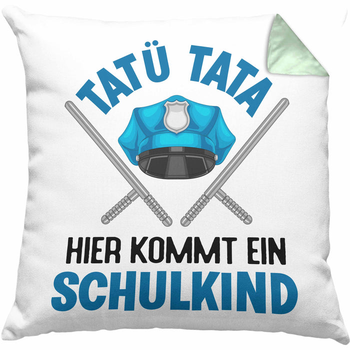 Einschulung Junge Tatü Tata Schulkind Geschenk für Schultüte Füllung Kissen mit Füllung 40x40 Schulstart 1. Schultag Schuleinführung Schulanfang Geschenkidee 2024 (Grau) Grün Trendation