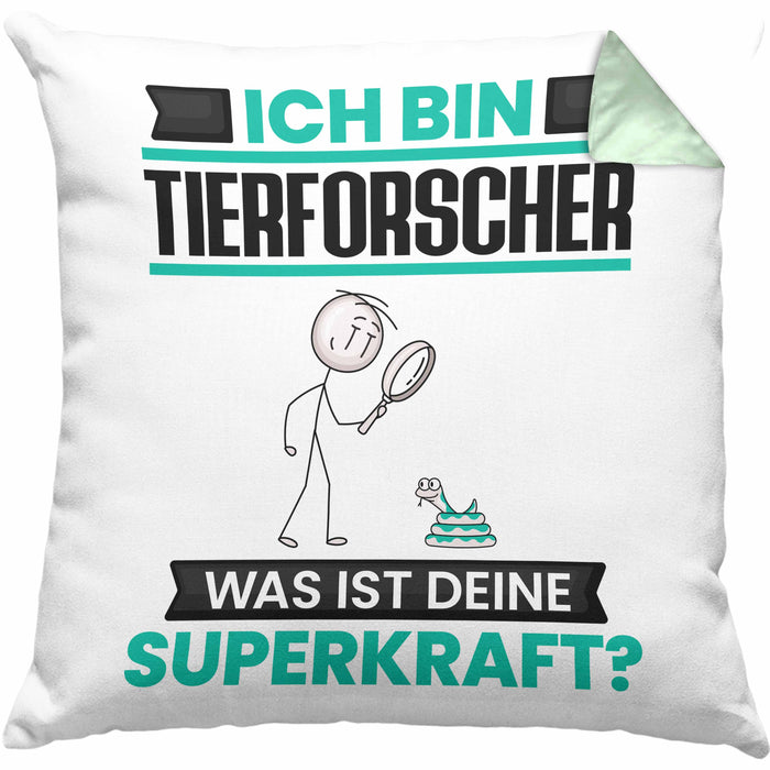 Tierforscher Kissen mit Füllung 40x40 Geschenk für Tierforscher Geburtstag Lustiger Spruch Was Ist Deine Superkraft (Grau) Grün Trendation