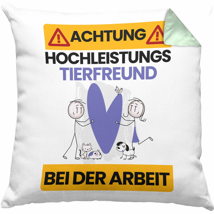 Tierfreund Kissen mit Füllung 40x40 Geschenk Lustiger Spruch Geschenkidee für Tierfreund Achtung Hochleistungs Tierfreund Bei Der Arbeit (Grau) Grün Trendation