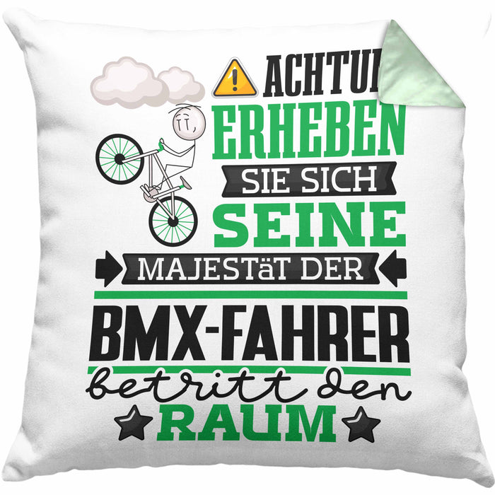 BMX-Fahrer Geschenk Kissen mit Füllung 40x40 Lustiger Spruch Erheben Sie Sich Der BMX-Fahrer Betritt den Raum (Grau) Grün Trendation