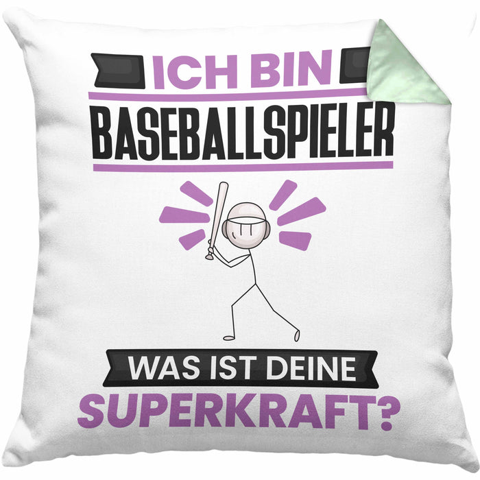 Baseballspieler Kissen mit Füllung 40x40 Geschenk für Baseballspieler Geburtstag Lustiger Spruch Was Ist Deine Superkraft (Grau) Grün Trendation
