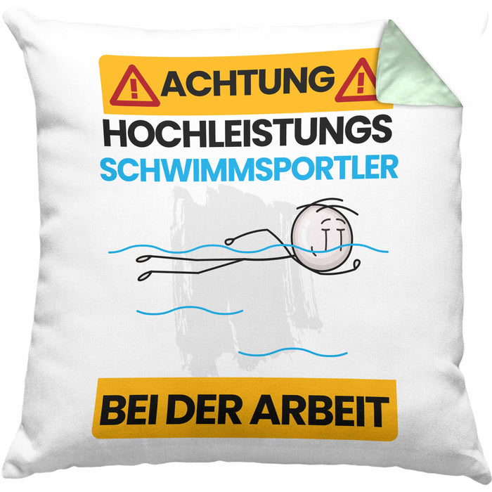 Schwimmsportler Kissen mit Füllung 40x40 Geschenk Lustiger Spruch Geschenkidee für Schwimmsportler Achtung Hochleistungs Schwimmsportler Bei Der Arbeit (Grau) Grün Trendation