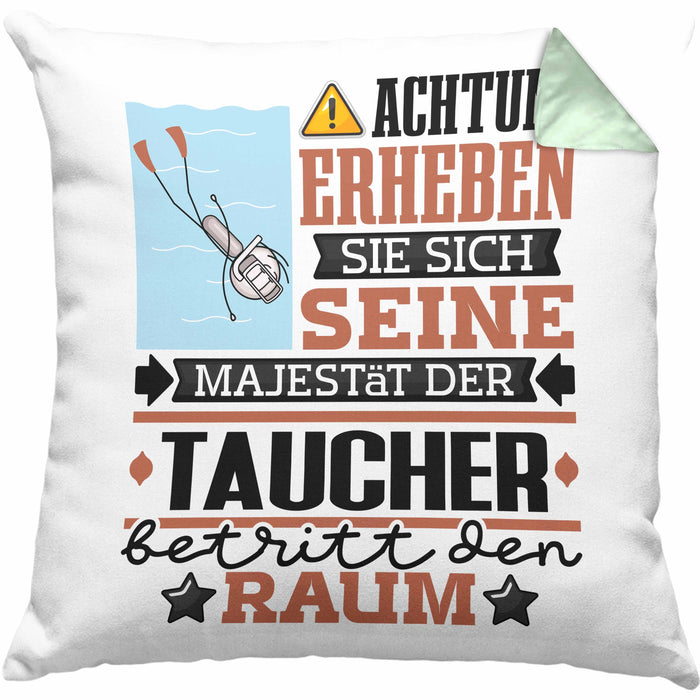 Taucher Geschenk Kissen mit Füllung 40x40 Lustiger Spruch Erheben Sie Sich Der Taucher Betritt den Raum (Grau) Grün Trendation