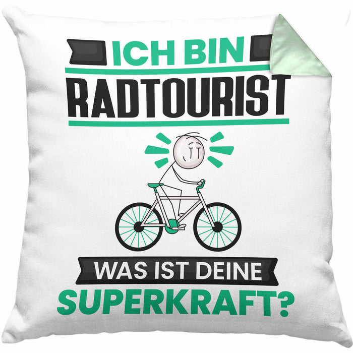 Radtourist Kissen mit Füllung 40x40 Geschenk für Radtourist Geburtstag Lustiger Spruch Was Ist Deine Superkraft (Grau) Grün Trendation