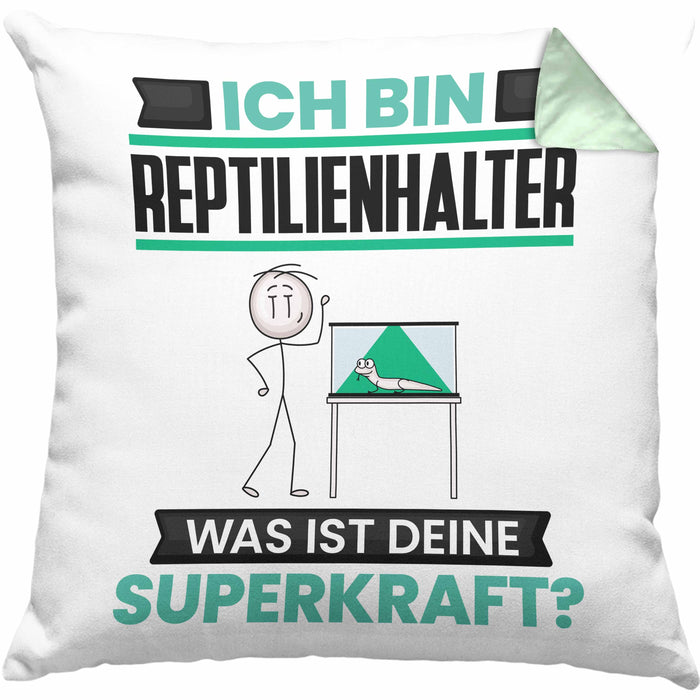 Reptilienhalter Kissen mit Füllung 40x40 Geschenk für Reptilienhalter Geburtstag Lustiger Spruch Was Ist Deine Superkraft (Grau) Grün Trendation
