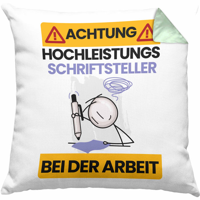 Schriftsteller Kissen mit Füllung 40x40 Geschenk Lustiger Spruch Geschenkidee für Schriftsteller Achtung Hochleistungs Schriftsteller Bei Der Arbeit (Grau) Grün Trendation