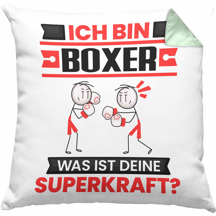 Boxer Kissen mit Füllung 40x40 Geschenk für Boxer Geburtstag Lustiger Spruch Was Ist Deine Superkraft (Grau) Grün Trendation