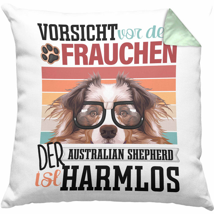 Australian Shepherd Besitzerin Frauchen Kissen mit Füllung 40x40 Geschenk Lustiger Spruch Geschenkidee Vorsicht Vor Dem Frauchen (Grau) Grün Trendation